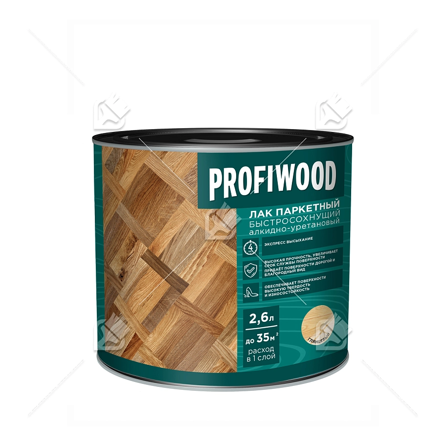 Лак паркетный быстросохнущий алкидно-уретановый Profiwood глянцевый прозрачный 2,6 л